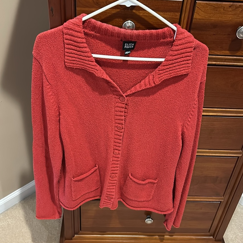 Eileen Fisher button down sweater w/collar, dark orange, size large,great 4 fall - Picture 2 of 9